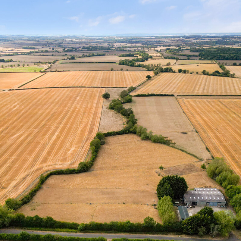 Overhead shot of the Langley Brook Farm showing where the barns are located in proximity to the other fields